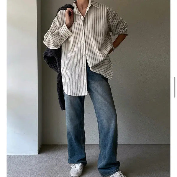 [BUNJANG] Striped Oversized Shirt / 스트라이프 셔츠 오버핏 데님 팬츠