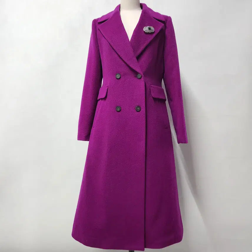 [BUNJANG] SI Women's Wool Blend Double-Button Long Coat with Brooch / SI 정품 여성 울 블렌드 더블 버튼 롱 코트 (브로치 포함) 55