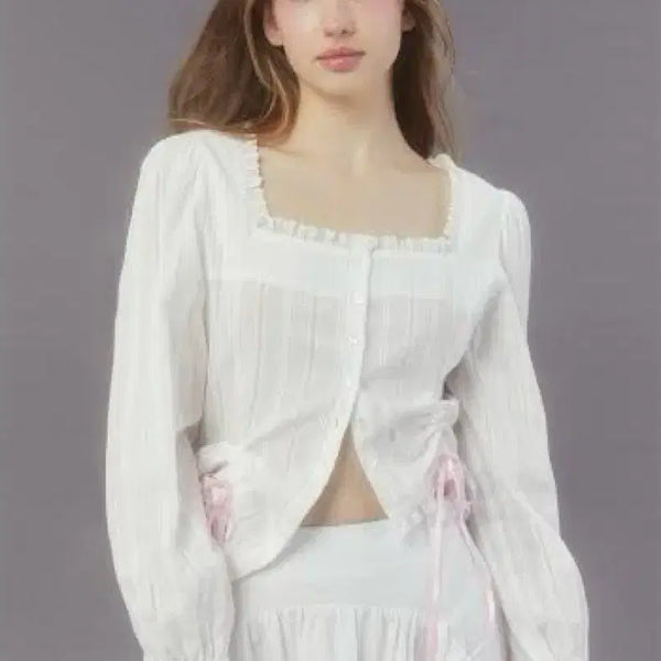 [BUNJANG] Margarin Fingers Square Neck Ribbon Blouse / 마가린핑거스 square neck ribbon blouse