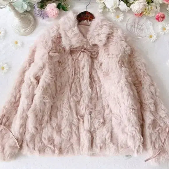 [BUNJANG] Strawberry Jam Project Kimo Ribbon Pink Fur Coat / 딸기쨈프로젝트) 키모 리본 핑크 퍼 코트