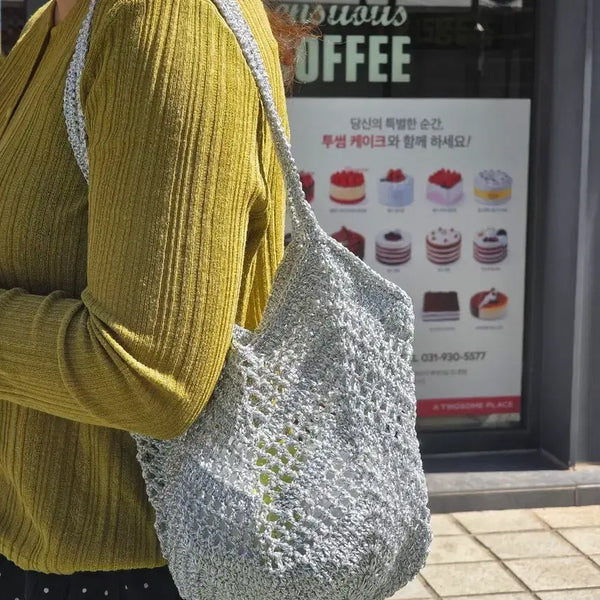[BUNJANG] Metallic Silver Net Shoulder Bag with Inner Pouch / 메탈릭 실버 숄더백 + 속주머니