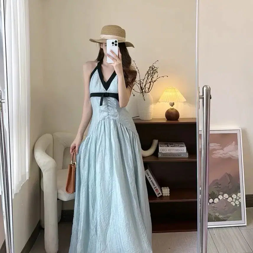 [BUNJANG] Summer Spaghetti Strap Maxi Dress - Sky Blue / 여름 끈 나시 롱 원피스 하늘색