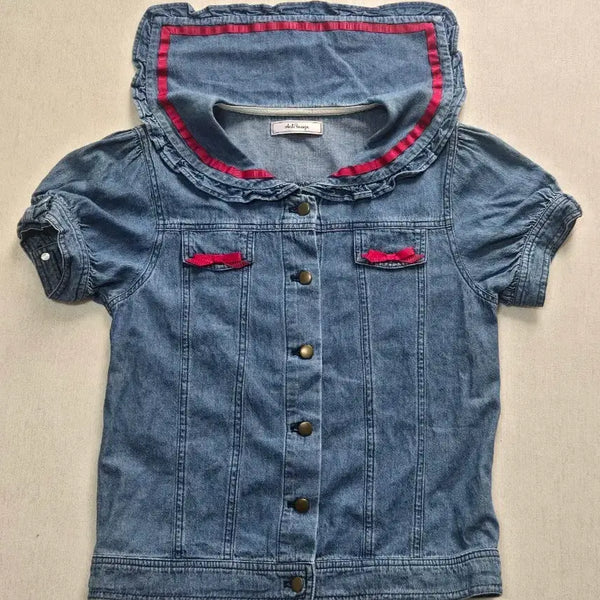 [BUNJANG] Ankruze Blue Denim Blouse with Pink Ribbon Detail / 앙크루즈 청 데님 블라우스 핑크 리본 장식 양산계 지뢰