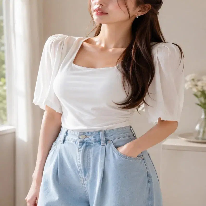 [BUNJANG] Square Neck Shirring Puff Short Sleeve T-shirt / 블라우스 핏 나는 스퀘어넥 셔링 퍼프 반팔 티셔츠ㅡ무배
