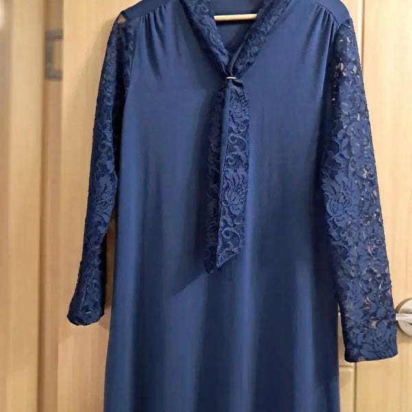 [BUNJANG] Navy Lace Sleeve Ribbon Midi Dress / 네이비 레이스 소매 리본 원피스