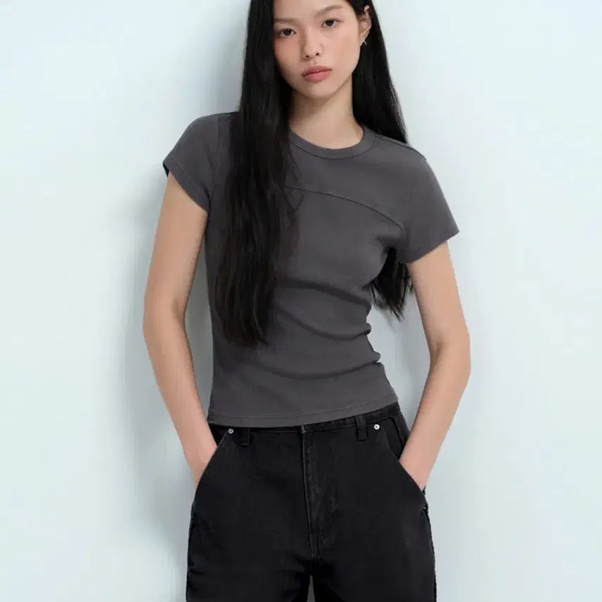 [BUNJANG] Charcoal Color Block Short Sleeve T-Shirt / 차콜 절개 반팔티