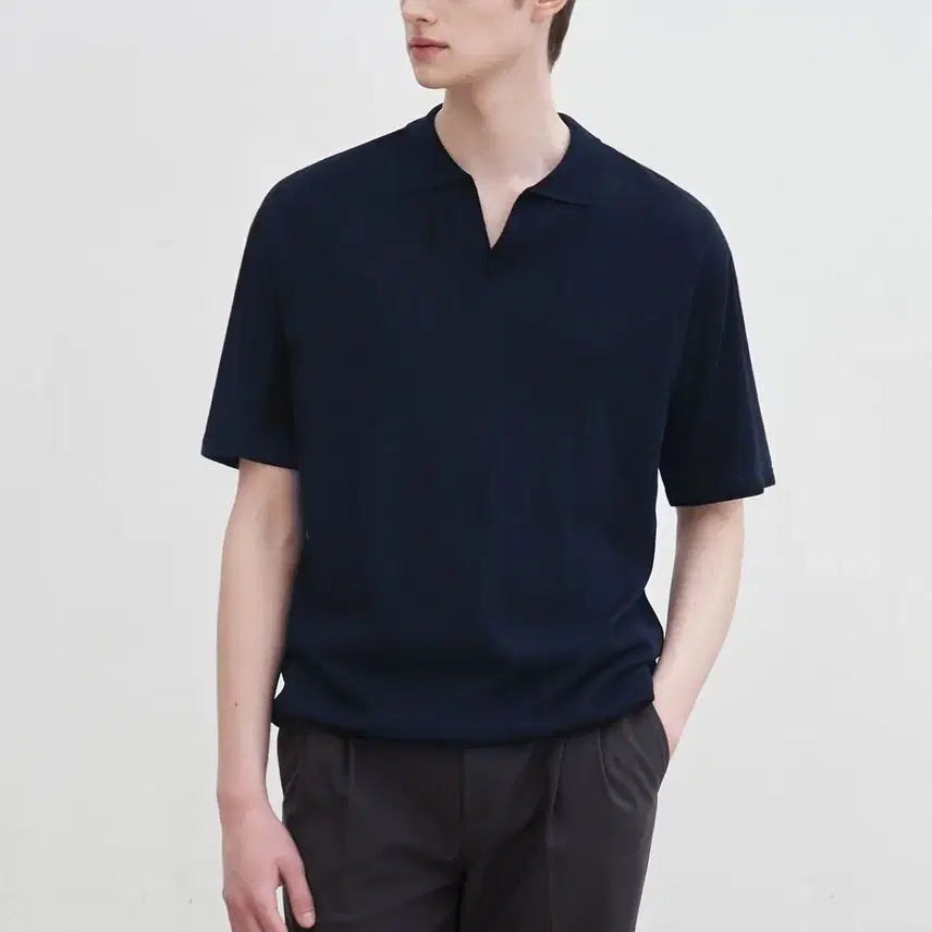 [BUNJANG] Drawfit Airy Open Collar Navy Short Sleeve Knit L / 드로우핏 에어리 오픈 카라 네이비 반팔 니트 L택포