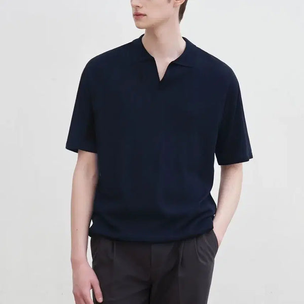 [BUNJANG] Drawfit Airy Open Collar Navy Short Sleeve Knit L / 드로우핏 에어리 오픈 카라 네이비 반팔 니트 L택포