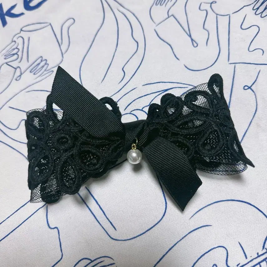 [BUNJANG] Black Lace Ribbon Hairpin with Pearl Embellishment / 레이스 리본 헤어핀 진주 장식