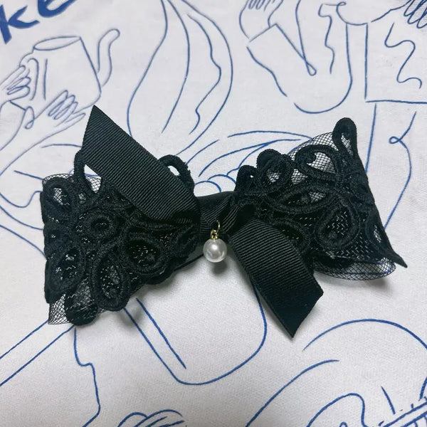 [BUNJANG] Black Lace Ribbon Hairpin with Pearl Embellishment / 레이스 리본 헤어핀 진주 장식