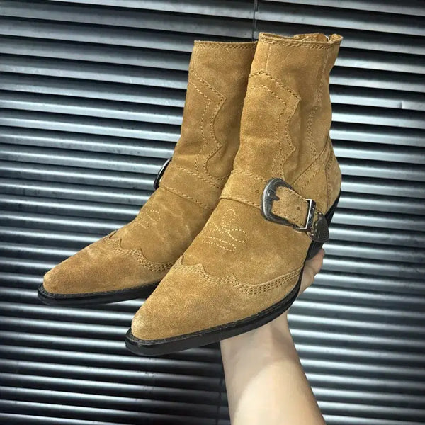 [BUNJANG] ZARA Suede Western Buckle Ankle Boots Camel / 자라 카멜 스웨이드 세무 웨스턴 버클 벨트 앵클 부츠 뾰족 39 245