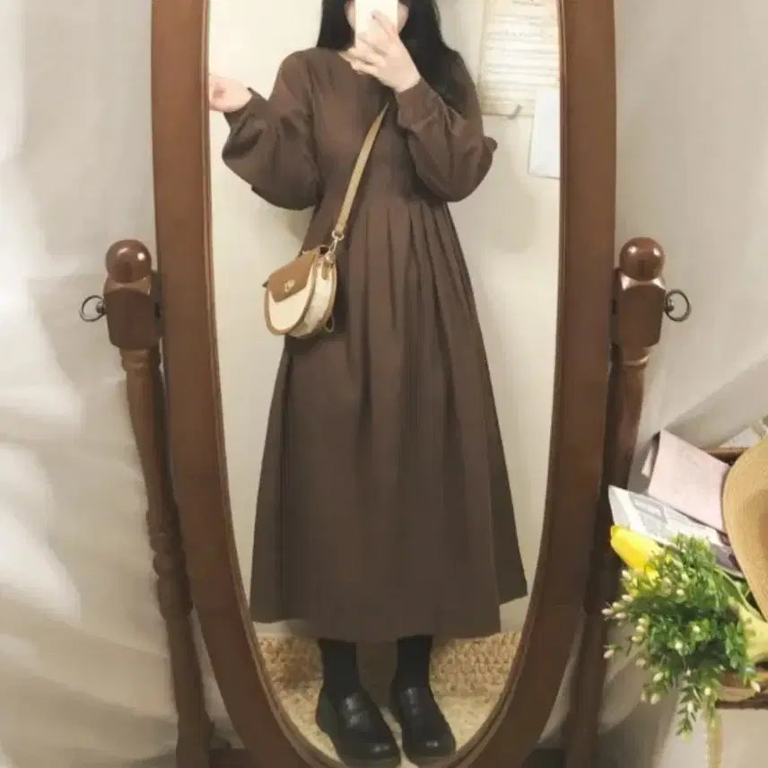 [BUNJANG] Jety Pleated Brown Long Dress / 제티 플리츠 브라운 롱 원피스
