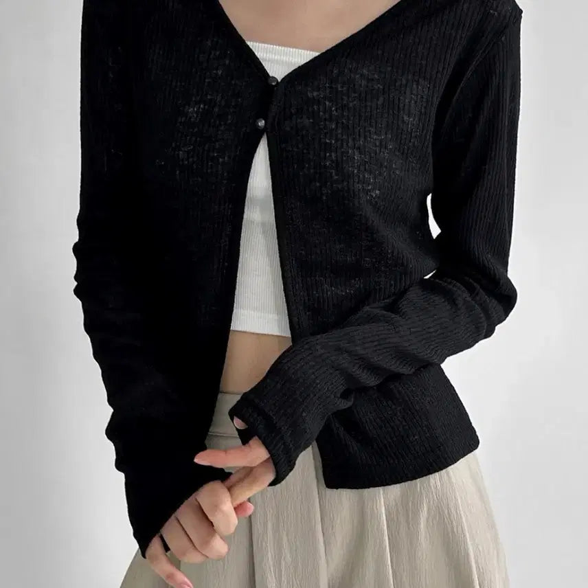 [BUNJANG] Manique Two-Button Summer Ribbed Knit Cardigan Black / 매니크 투버튼 썸머 여름 골지 니트 가디건 블랙