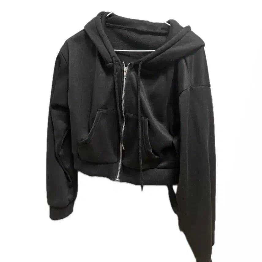 [BUNJANG] Black Cropped Hoodie (Fleece Lined) / 블랙 크롭 후드 집업 기모