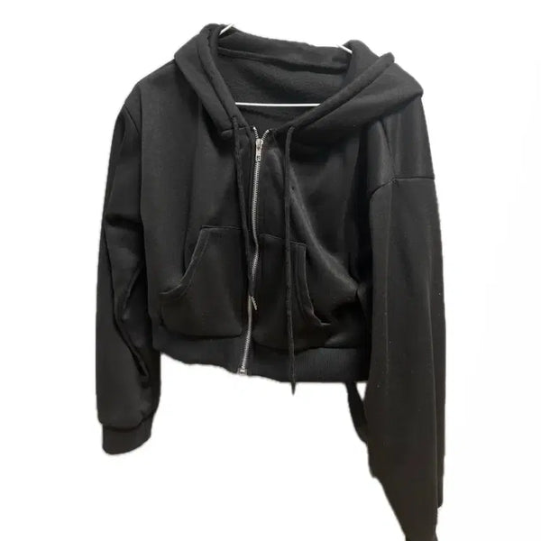 [BUNJANG] Black Cropped Hoodie (Fleece Lined) / 블랙 크롭 후드 집업 기모