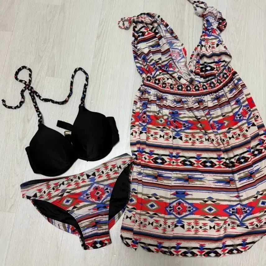 [BUNJANG] Pattern Long Dress Bikini Set / 비키니 수영복 패턴 롱원피스 세트