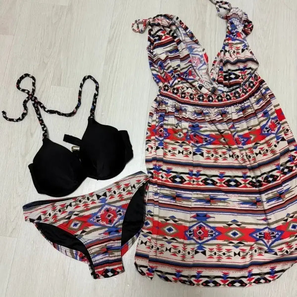 [BUNJANG] Pattern Long Dress Bikini Set / 비키니 수영복 패턴 롱원피스 세트