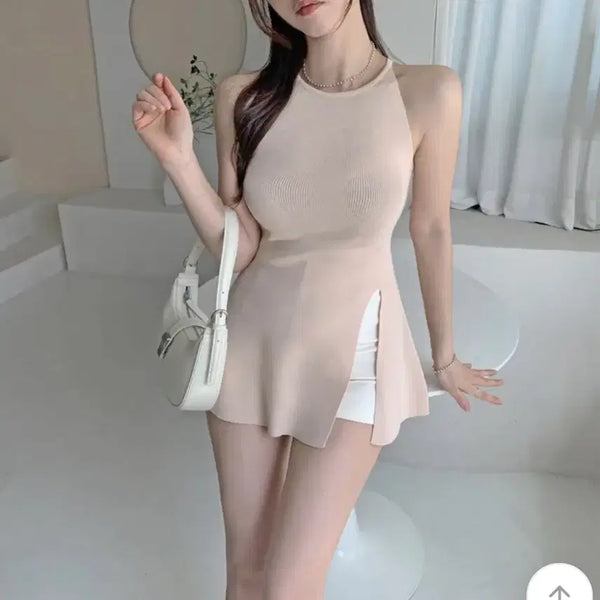 [BUNJANG] Halter Neck Sleeveless Knit Pink / 홀터넥 나시 니트 핑크 (새상품)