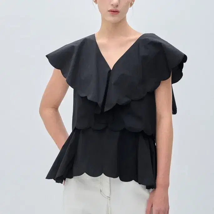 [BUNJANG] TIME STUDIO Scallop Panel Drawstring Blouse Black / 한섬 마인 스캘럽 패널 드로우스트링 블라우스