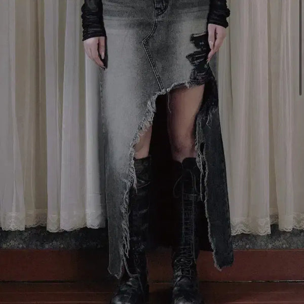 [BUNJANG] Bohemian Seoul Destroyed Denim Long Skirt Gray L / 보헤미안서울) Destroyed Denim Long Skirt GR L