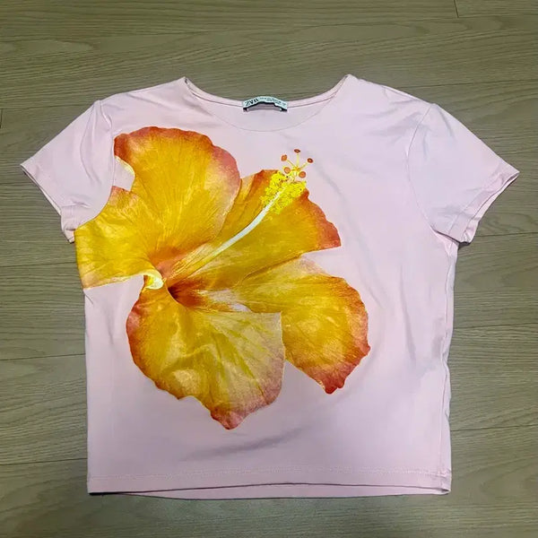 [BUNJANG] Zara Floral Polyamide T-Shirt Rose Pink M / 자라 플라워 폴리아미드 티셔츠 로즈핑크 M