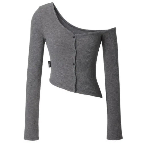 [BUNJANG] Threetimes One-Shoulder Button Tee Melange Grey / Threetimes One-Shoulder Button T