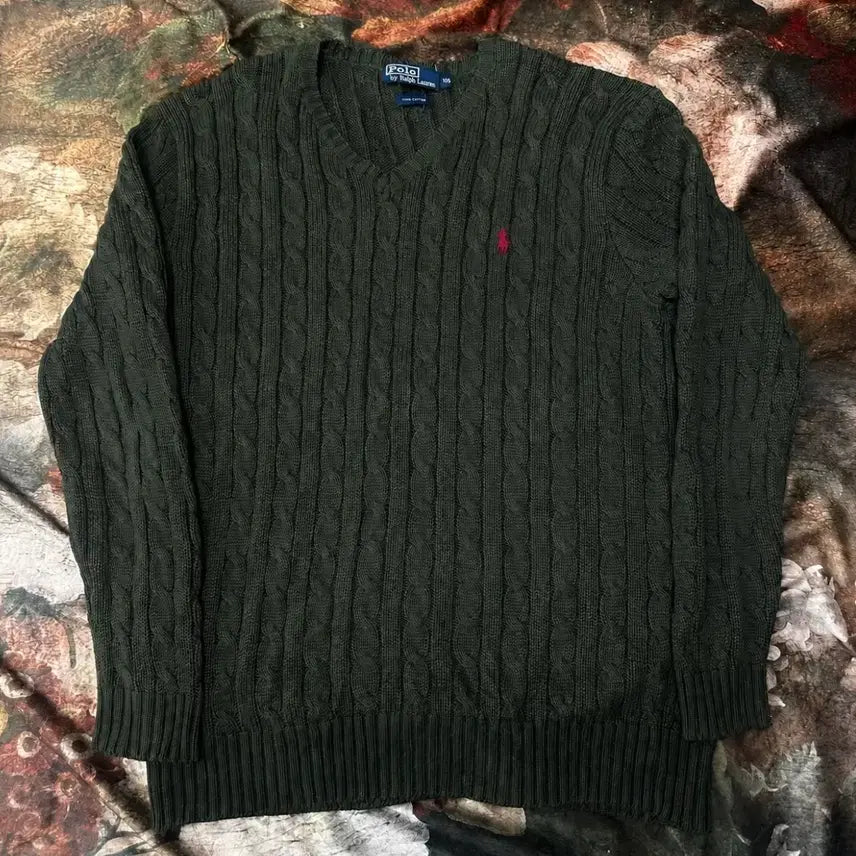 [BUNJANG] Polo Ralph Lauren Vintage Small Pony Logo Cable Knit Cotton Sweater / 폴로 랄프로렌 빈티지 스몰 포니로고 카키꽈배기코튼니트 105 꽈배기니트