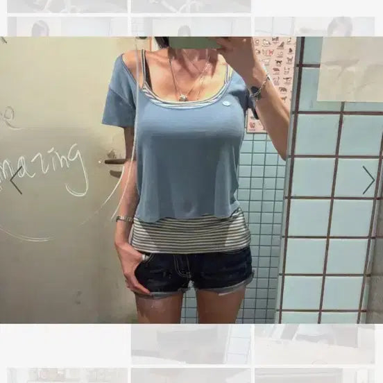 [BUNJANG] Faded Jade Rayon Deep U-Neck Knit & Bella Stripe Sleeveless Set / 페일제이드 레이온 딥 유넥 니트, 벨라 스트라이프 나시