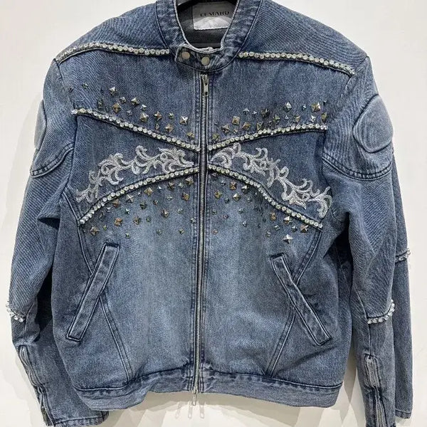 [BUNJANG] LEMARD Studded & Rhinestone Embellished Denim Biker Jacket / [1] 르마드 스터드 및 라인스톤 장식 데님 바이커 재킷