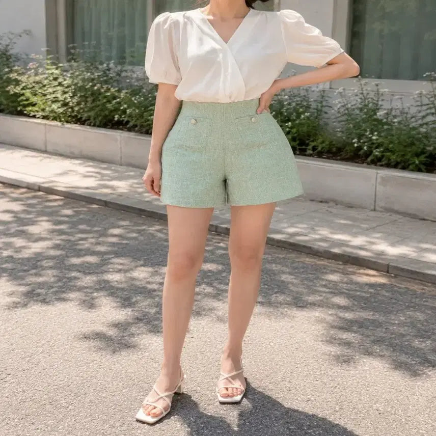 [BUNJANG] High-Waisted Tweed Shorts - 3-Length Straight Fit / 하이웨스트 트위드 반바지 3부 일자핏 숏팬츠 ㅡ무배