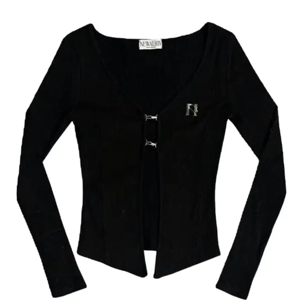 [BUNJANG] Newearlin Emblem Line Hook Cardigan (Black) / 뉴얼린 엠블럼 라인 후크 가디건 (블랙)