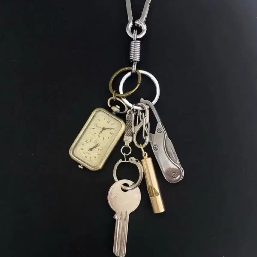[BUNJANG] Vintage Dual Time Watch Keychain Set with Blank Key, Mini Knife, and Whistle / 빈티지 시계 키링