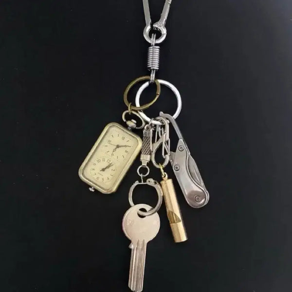 [BUNJANG] Vintage Dual Time Watch Keychain Set with Blank Key, Mini Knife, and Whistle / 빈티지 시계 키링
