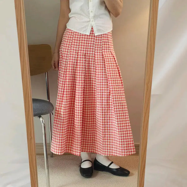 [BUNJANG] (S)4pi Women's Long Flare Skirt, Gingham Check, Red / (S)4pi 여성 롱 플레어 스커트 핀턱 깅엄 체크 레드 W4486