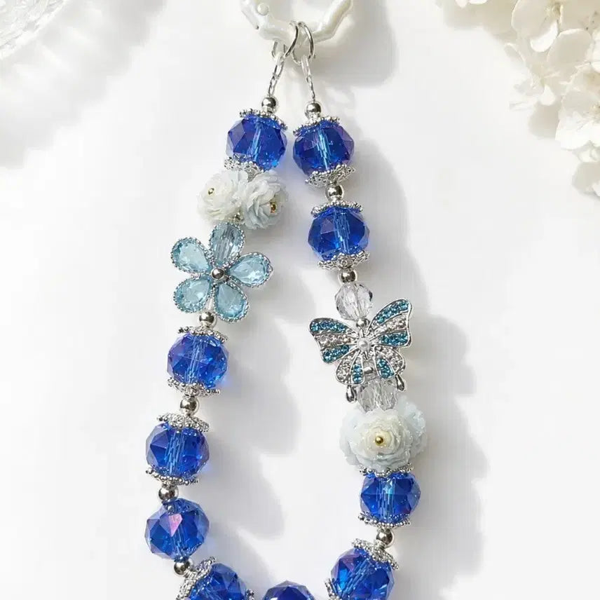 [BUNJANG] Beads Flower Butterfly Charm Blue / 비즈 꽃 나비 키링 블루
