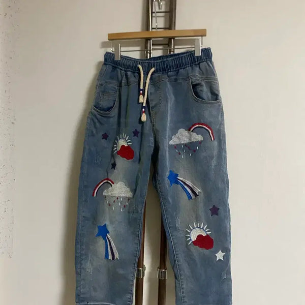[BUNJANG] Denim Patch Embroidered 7-Part Pants / 청 패치 자수 7부 팬츠 큰66-작77
