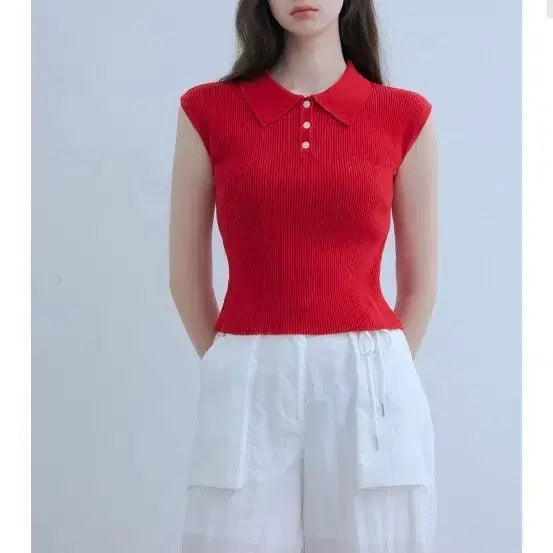 [BUNJANG] Audrey Cap Sleeve Collar Pullover Red / 오디에르 - 캡슬리브 카라 풀오버 레드