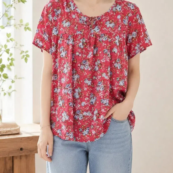 [BUNJANG] Red Floral Linen Blend Short Sleeve Blouse / 레드꽃 아사면 블라우스