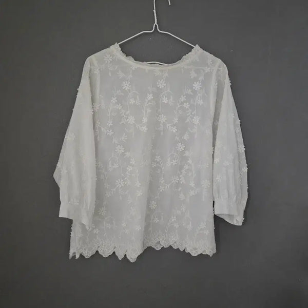 [BUNJANG] White Flower Embroidery Lace Blouse L / 화이트 플라워 자수 블라우스  L