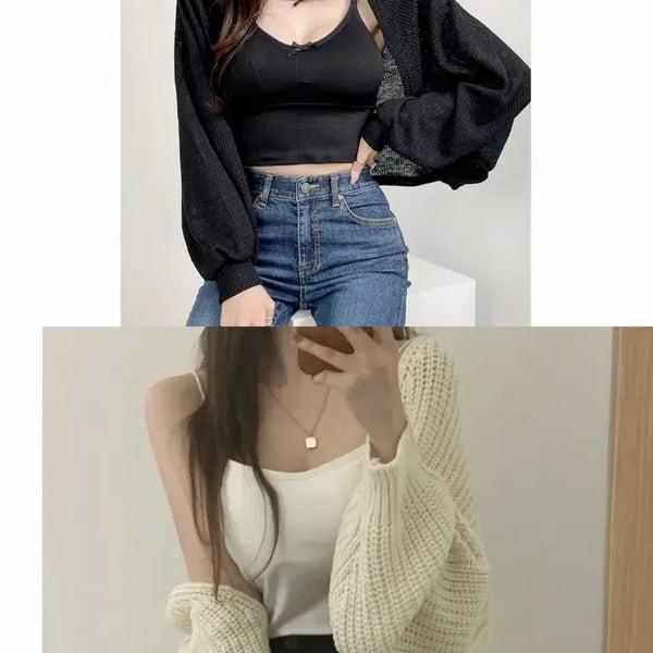 [BUNJANG] Black & Beige Bolero Knit Cardigan / 블랙 베이지 볼레로 니트 가디건