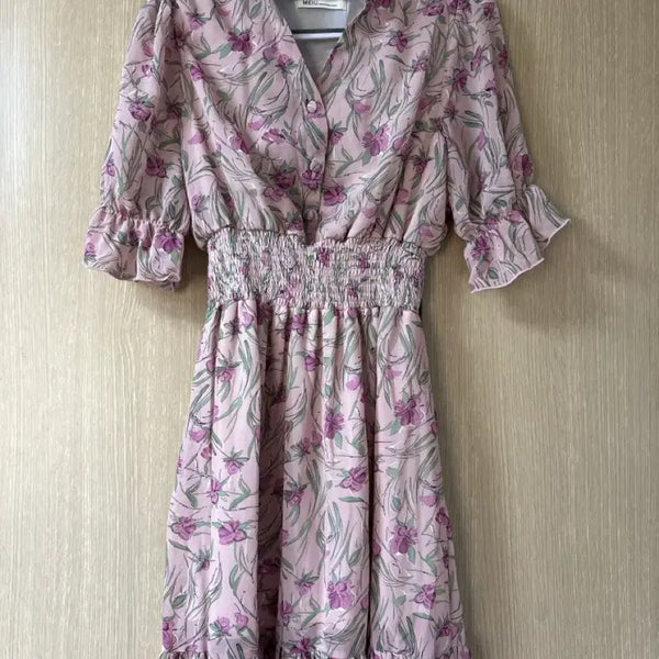 [BUNJANG] Flower Chiffon Pink Dress Size 55 / 플라워 쉬폰 핑크 원피스 55