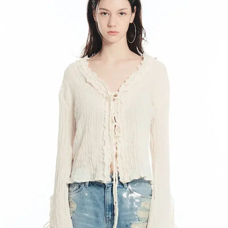 [BUNJANG] Seric Lace-Up Sheer Cardigan Ivory / (새상품) 세릭 레이스업 쉬어 가디건 아이보리 (이세영 착용)