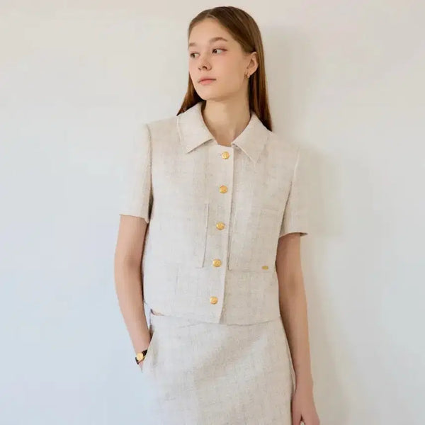 [BUNJANG] LEMEME Ange Jacket Melange Cream Tweed Setup Set / 르메메 트위드 셋업 Ange Jacket MelangeCream