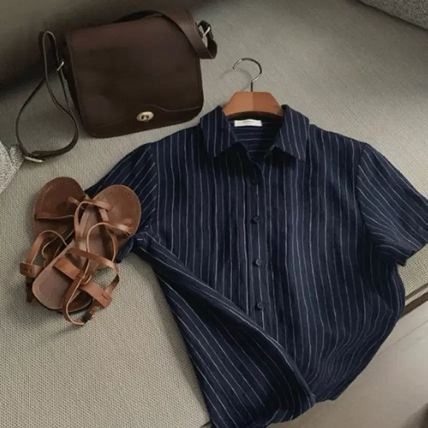 [BUNJANG] Slowand Deep Mood Premium Linen Shirt Navy Stripe / (미착용) 슬로우앤드 made. 딥무드 프리미엄 린넨셔츠 (100%린넨)