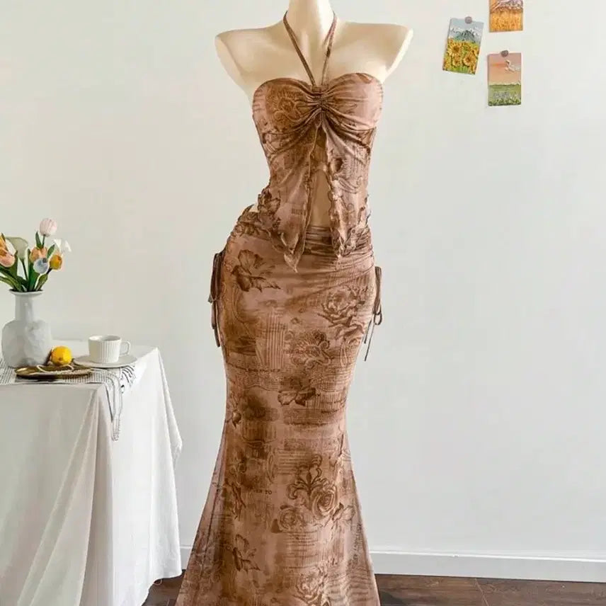 [BUNJANG] Brown Floral Print Long Two-Piece Dress / 브라운 플로럴 나염 롱 투피스