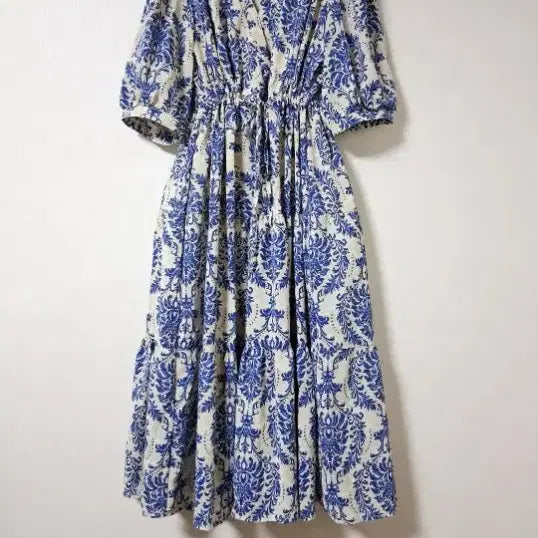 [BUNJANG] Blue Pattern Long Dress with Waist String / 블루 롱원피스