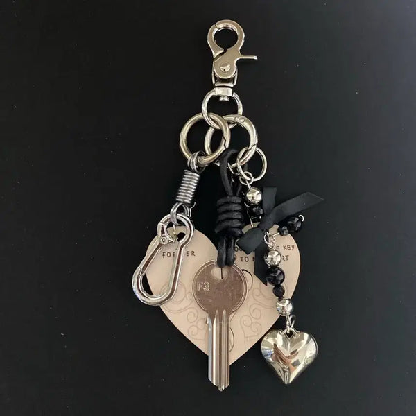 [BUNJANG] Heart Wood Pendant Keyring with Ribbon and Beads / 하트 우드 팬던트 키링