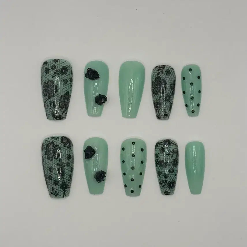 [BUNJANG] Mint Lace Dot Rose Handmade Nail Tips (Custom Order) / 민트레이스도트장미 네일팁 갸루 xs/s/m/l 주문제작 수제
