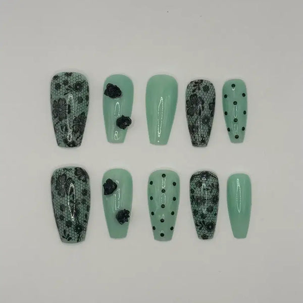 [BUNJANG] Mint Lace Dot Rose Handmade Nail Tips (Custom Order) / 민트레이스도트장미 네일팁 갸루 xs/s/m/l 주문제작 수제