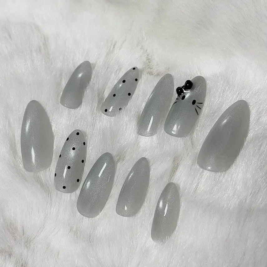 [BUNJANG] Handmade Glass Bead Kitty Nail Tips / (할인)실버키티 유리알 수제네일팁
